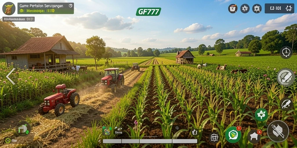 Tangkapan layar gameplay GF777 yang menunjukkan suasana pertanian yang indah.