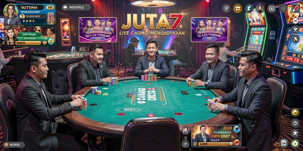 Tampilan utama JUTA7 dengan dealer profesional dan gameplay Live Casino yang intens.