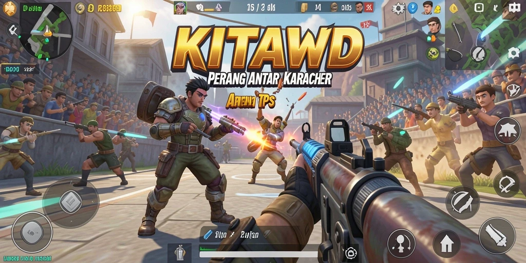 Screenshot utama KITAWD menampilkan aksi pertempuran seru dalam arena TPS.