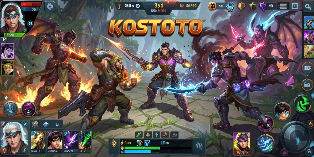 Tampilan penuh aksi dari gameplay MOBA KOSTOTO.