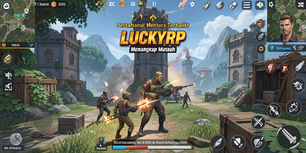 Tampilan gameplay LUCKYRP saat mempertahankan menara dari serangan musuh.