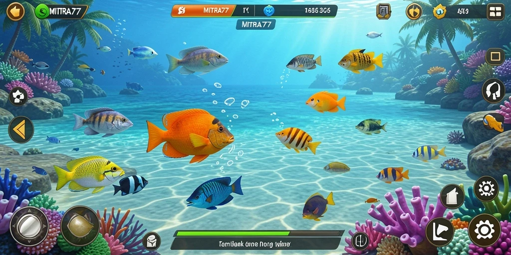 Screenshot utama MITRA77 dengan gameplay Tembak Ikan yang seru.