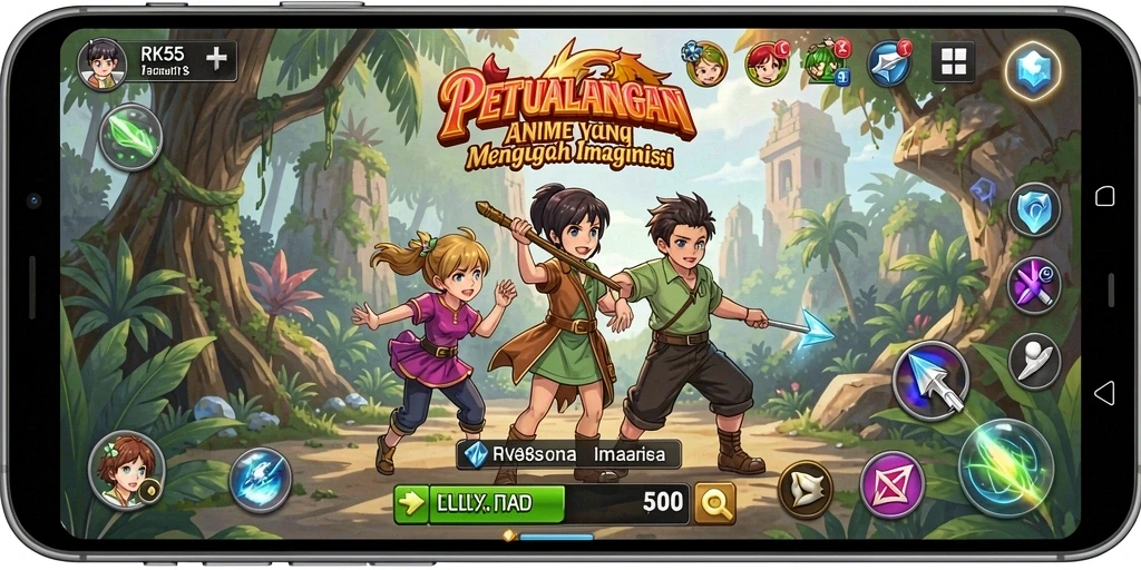 Tampilan menarik dari gameplay RK55 dengan karakter Anime yang penuh warna.