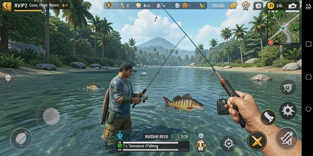 Screenshot gameplay RVIP2 menampilkan pengalaman memancing yang mendebarkan.
