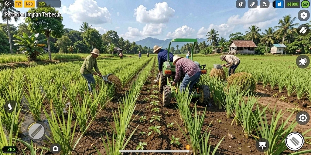 Tampilan gameplay seru dari ZK3 dengan berbagai aktivitas pertanian.